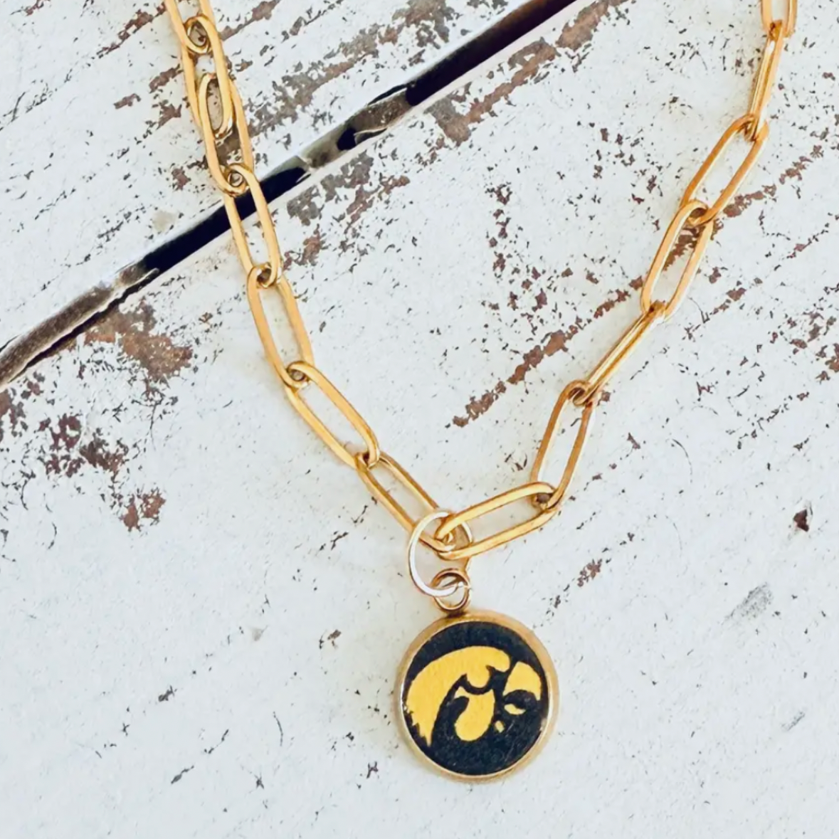Iowa Hawkeyes Tigerhawk Paperclip Necklace: Gold with Black 18 inches