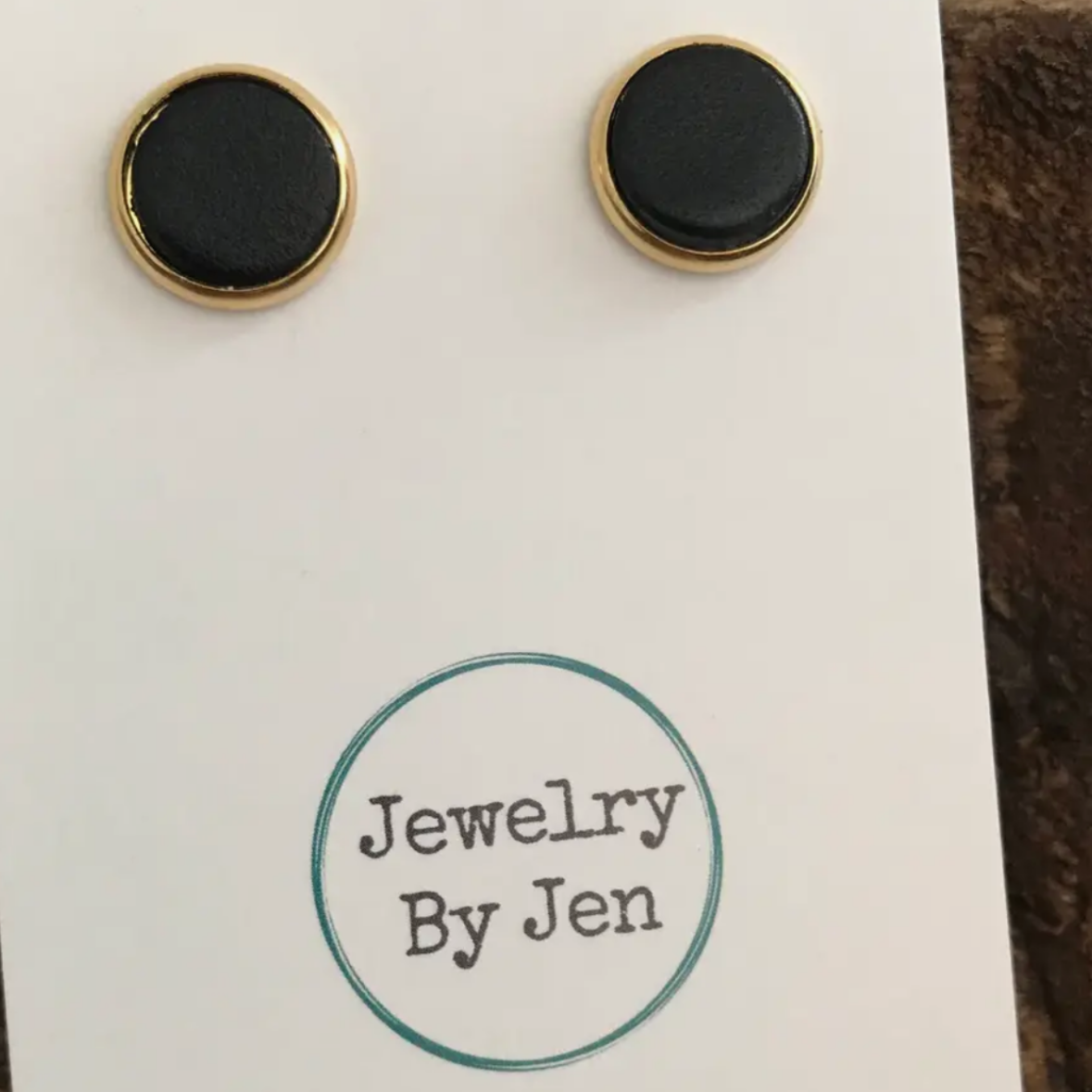 Stud Earrings: Black Leather- Gold Setting